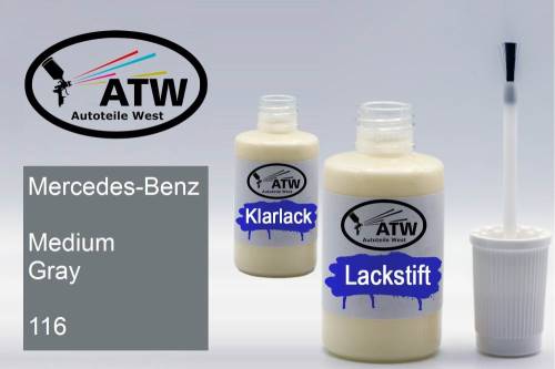 Mercedes-Benz, Medium Gray, 116: 20ml Lackstift + 20ml Klarlack - Set, von ATW Autoteile West.